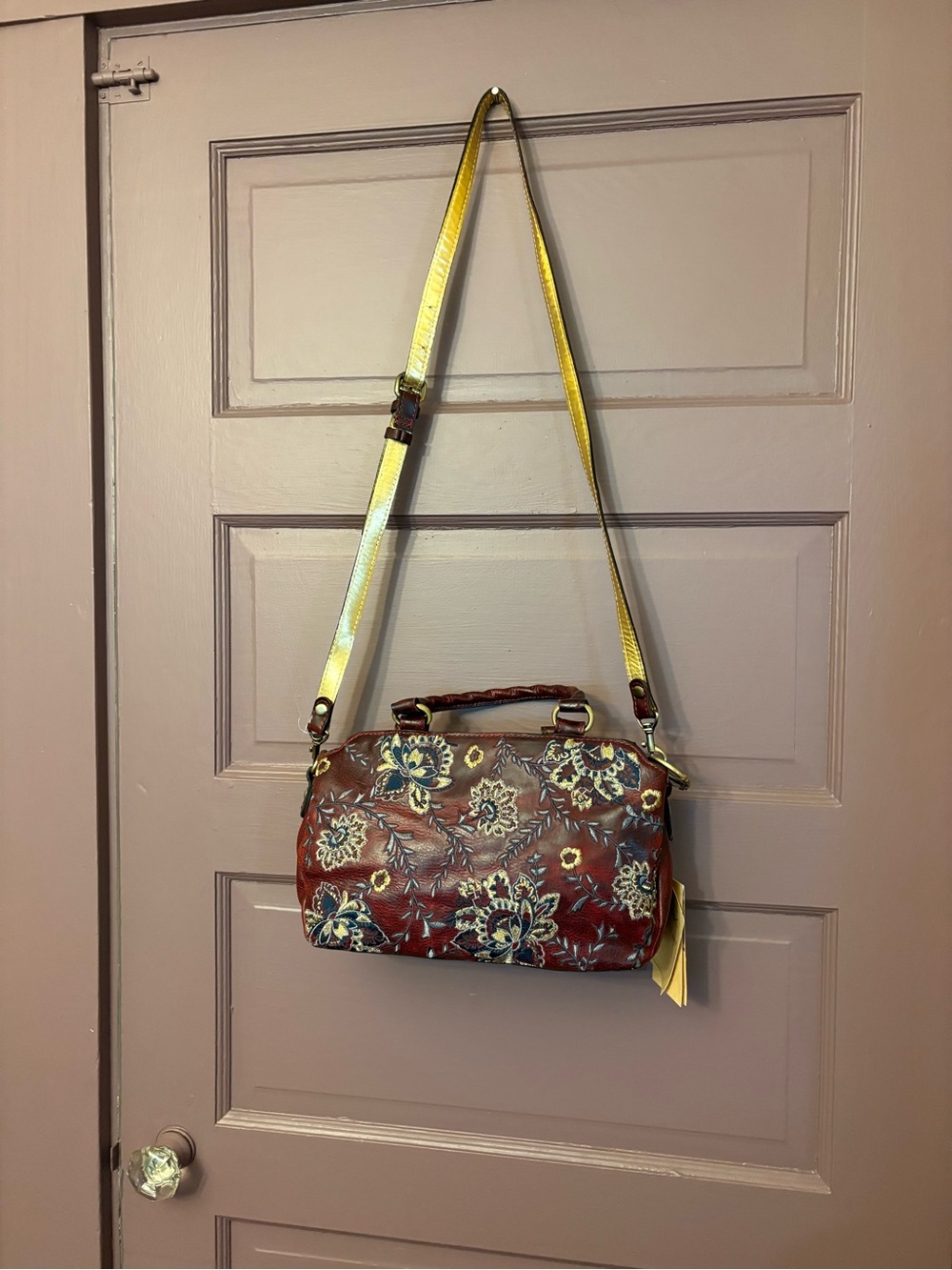 Patricia Nash NWT Burgundy Leather Crossbody Bag - embroidered floral design